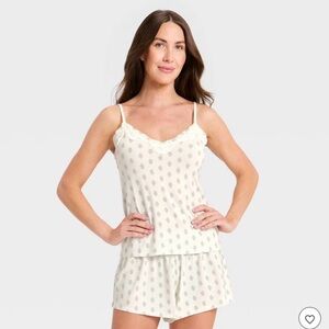 Women's Lace Trim Cloud Knit Tank Top and Shorts Pajama Set Auden Cream Medium